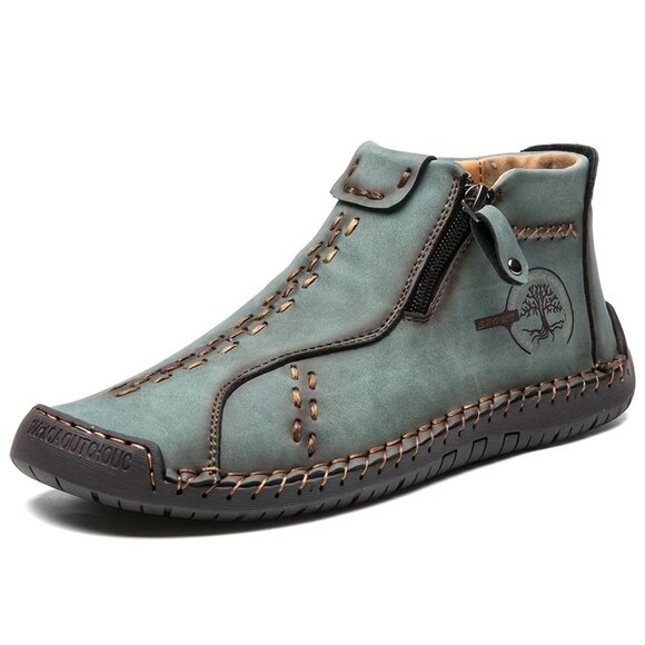 Men's US 6.5-8 Handcrafted PU Ankle Boots with Zipper - Vintage Style, Green Sti - Picture 1 of 4